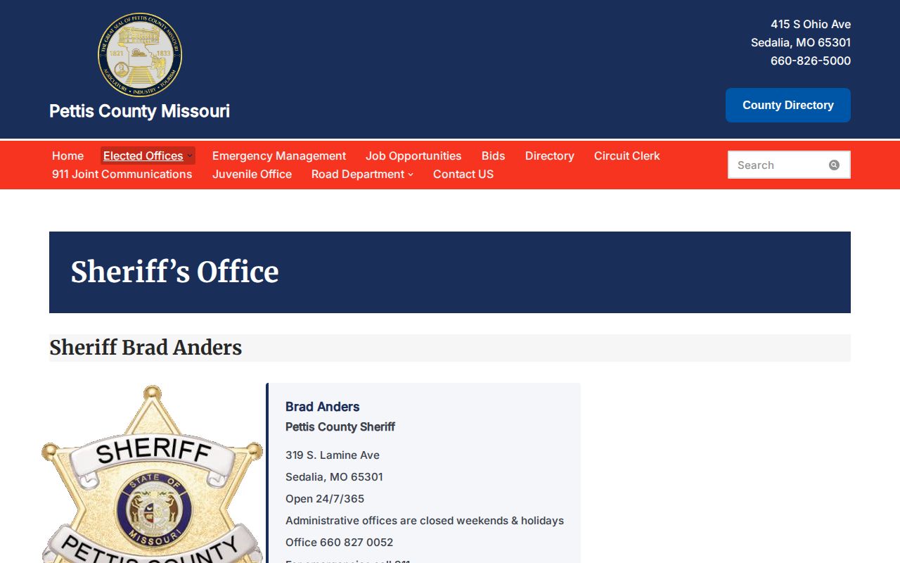 Pettis County Sheriff official booking records and custody contact page